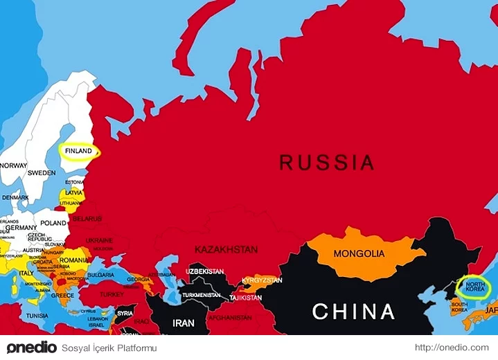 Kuzey Kore ile Finlandiya'yı ayıran tek ülke Rusya'dır.